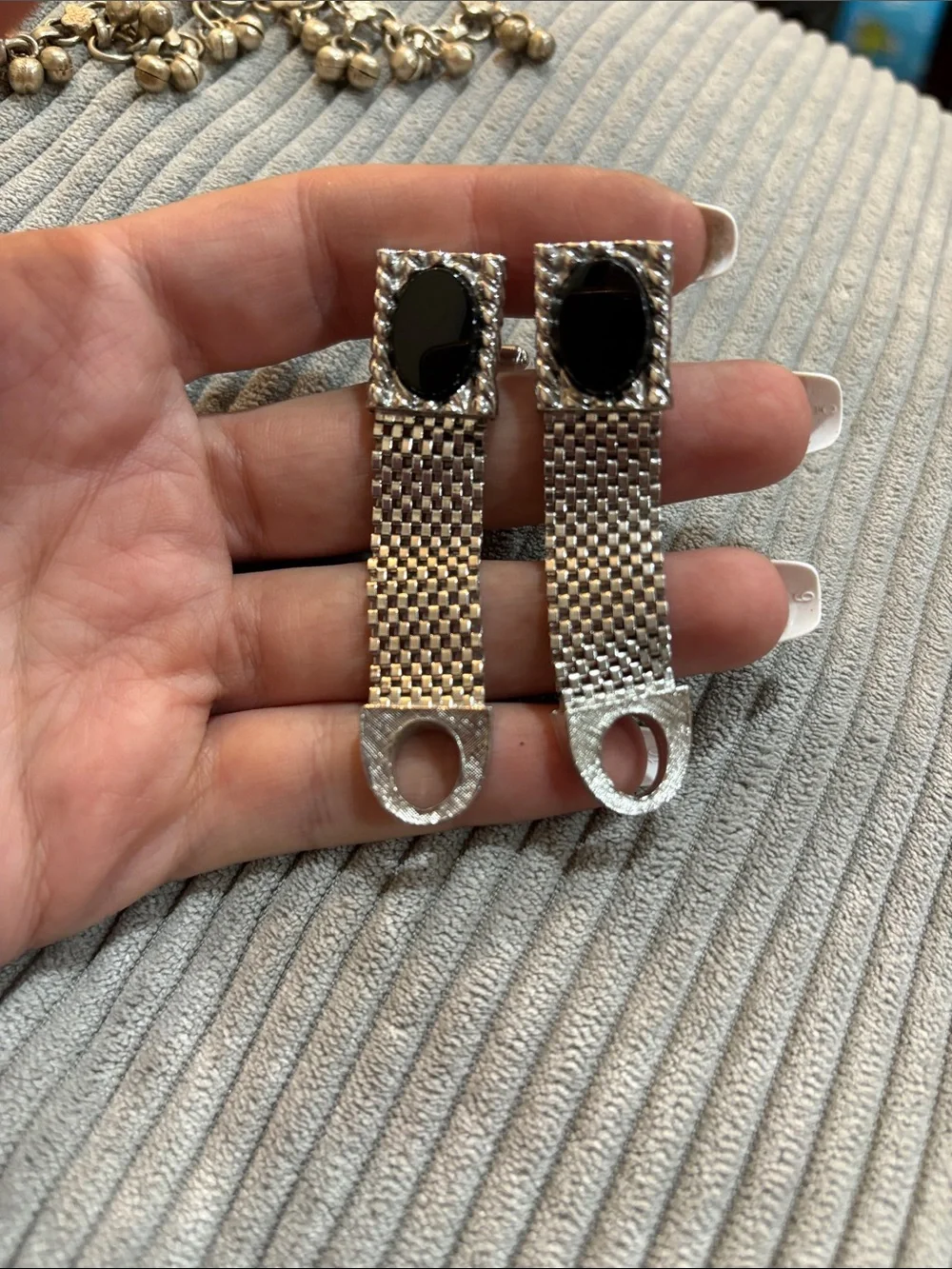 Swank Cufflinks Mens OS Black Silver Good Vintage Wrap Around Mesh Onyx Stone